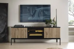 Szafka RTV SENTO 154 cm – czarna, dąb wotan, LED, PUSH TO OPEN
