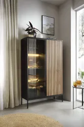 Komoda witryna SENTO WTSZ104 czarna dąb wotan LED 166 cm | 2 drzwi, 1 szuflada kulkowa, styl industrialny