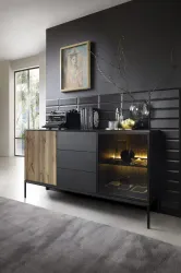 Komoda SENTO KSZ154 czarna dąb wotan LED 154 cm | 3 szuflady kulkowe, 2 drzwi, styl loft